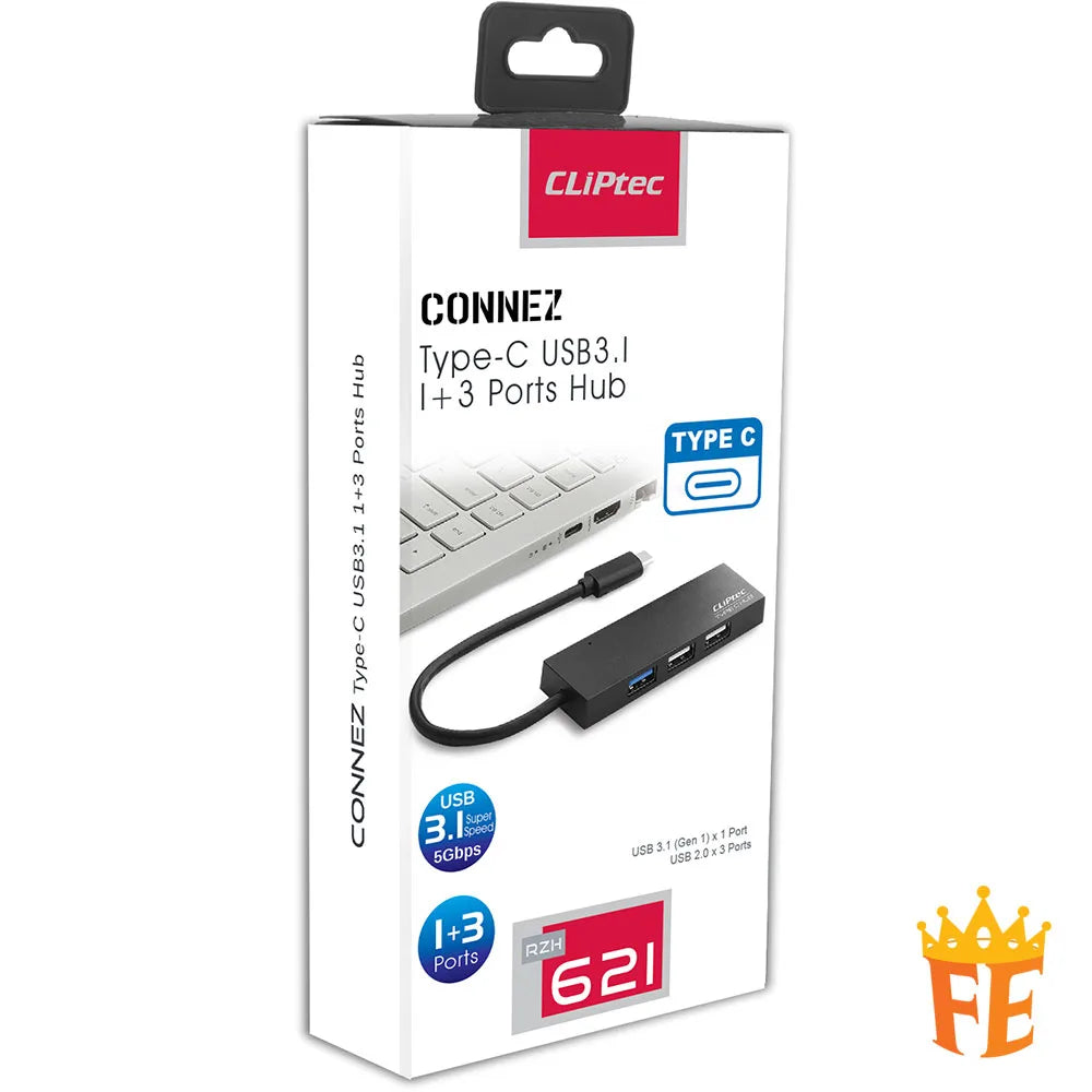 CLiPtec Type-C USB 3.1 1+3 Ports Hub - Connez Black RZH-621