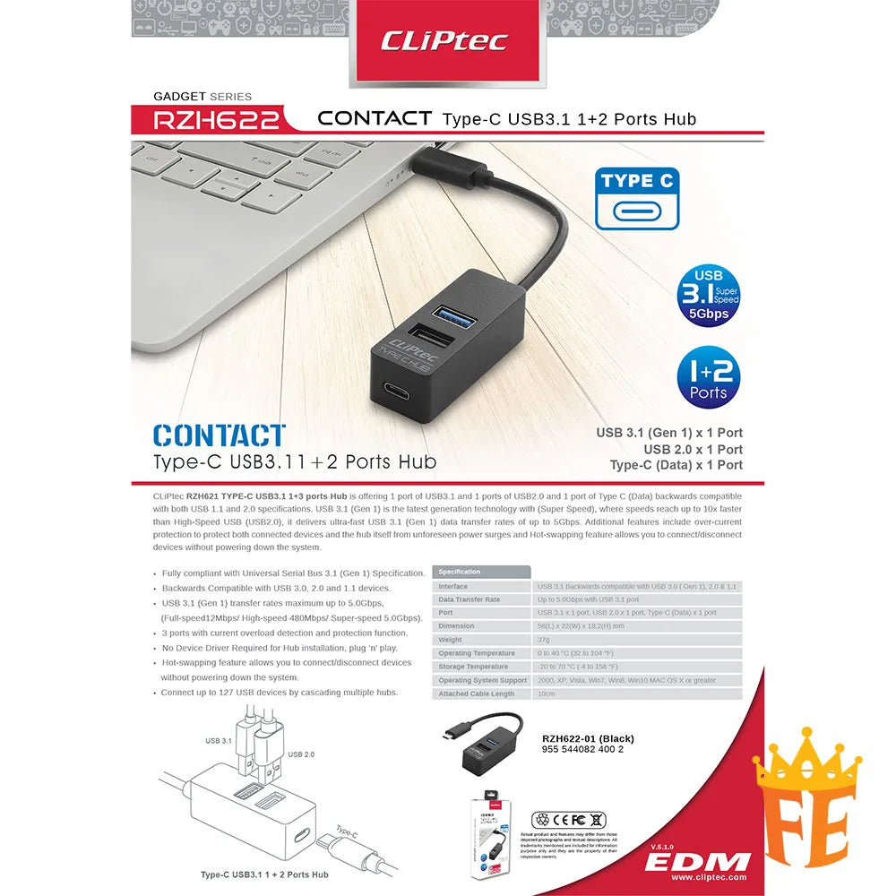 CLiPtec Type-C USB 3.1 1+2 Ports Hub - Contact Black RZH-622