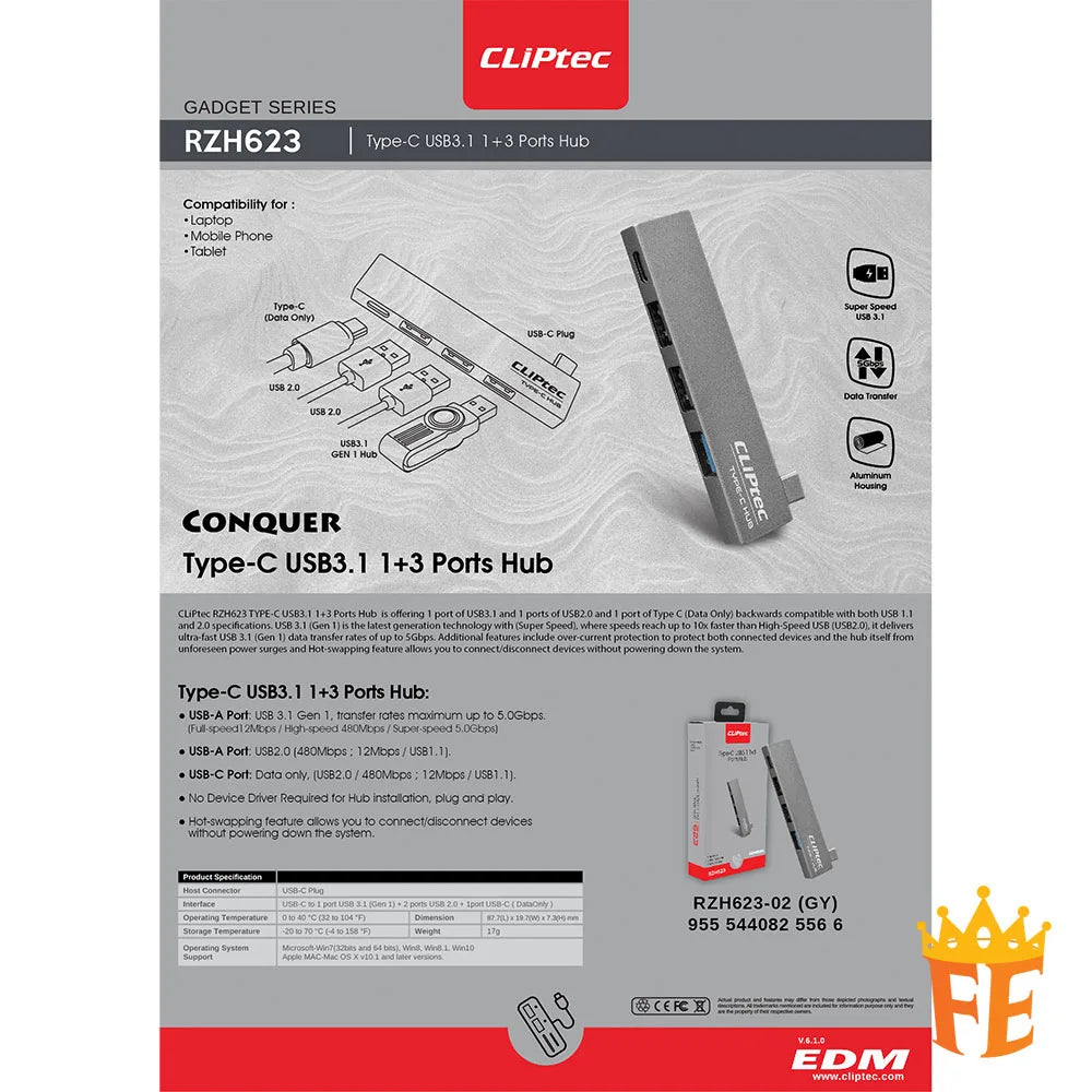 CLiPtec RZH623 TYPE-C USB 3.1 1+3 Ports Hub (Conquer) Grey RZH-623