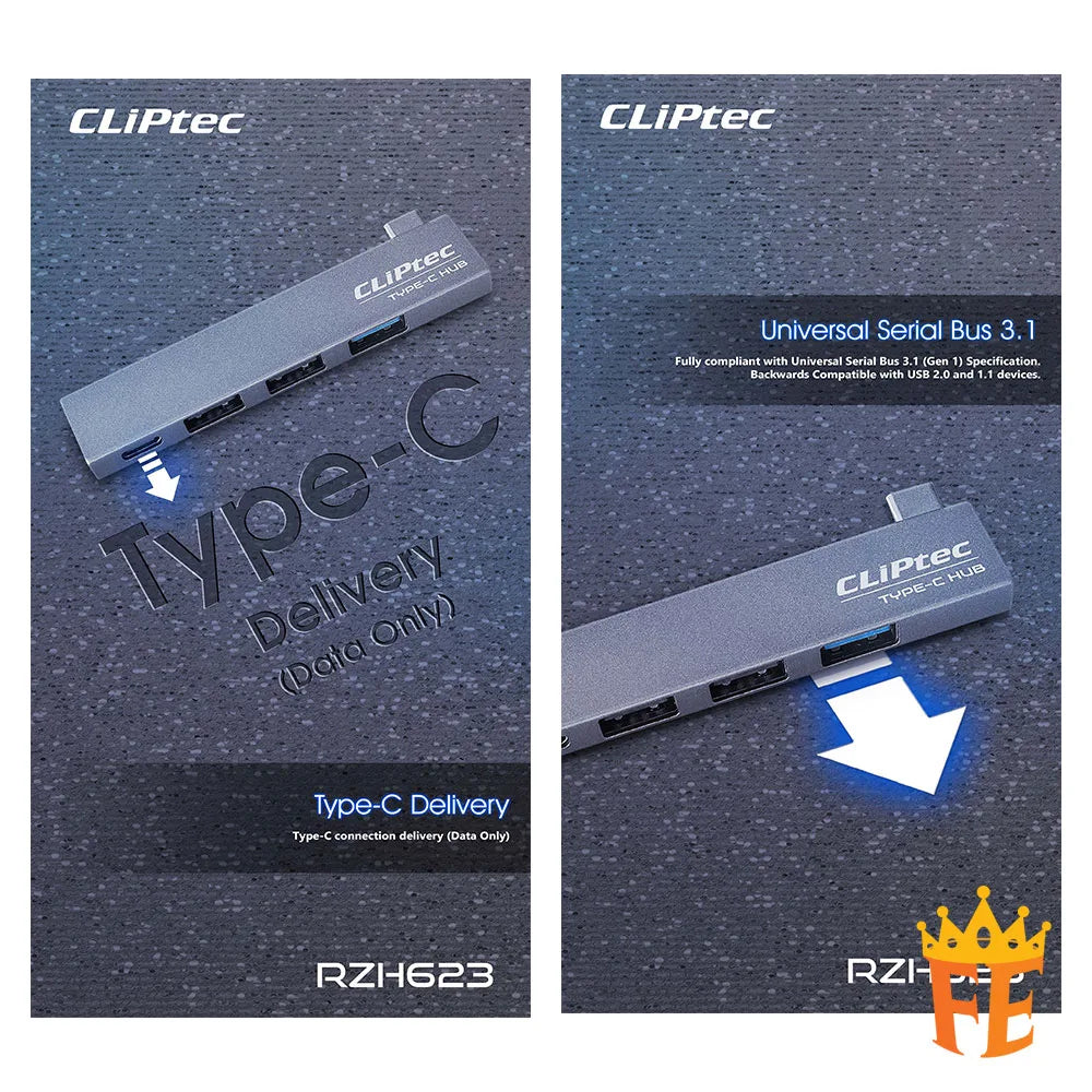 CLiPtec RZH623 TYPE-C USB 3.1 1+3 Ports Hub (Conquer) Grey RZH-623