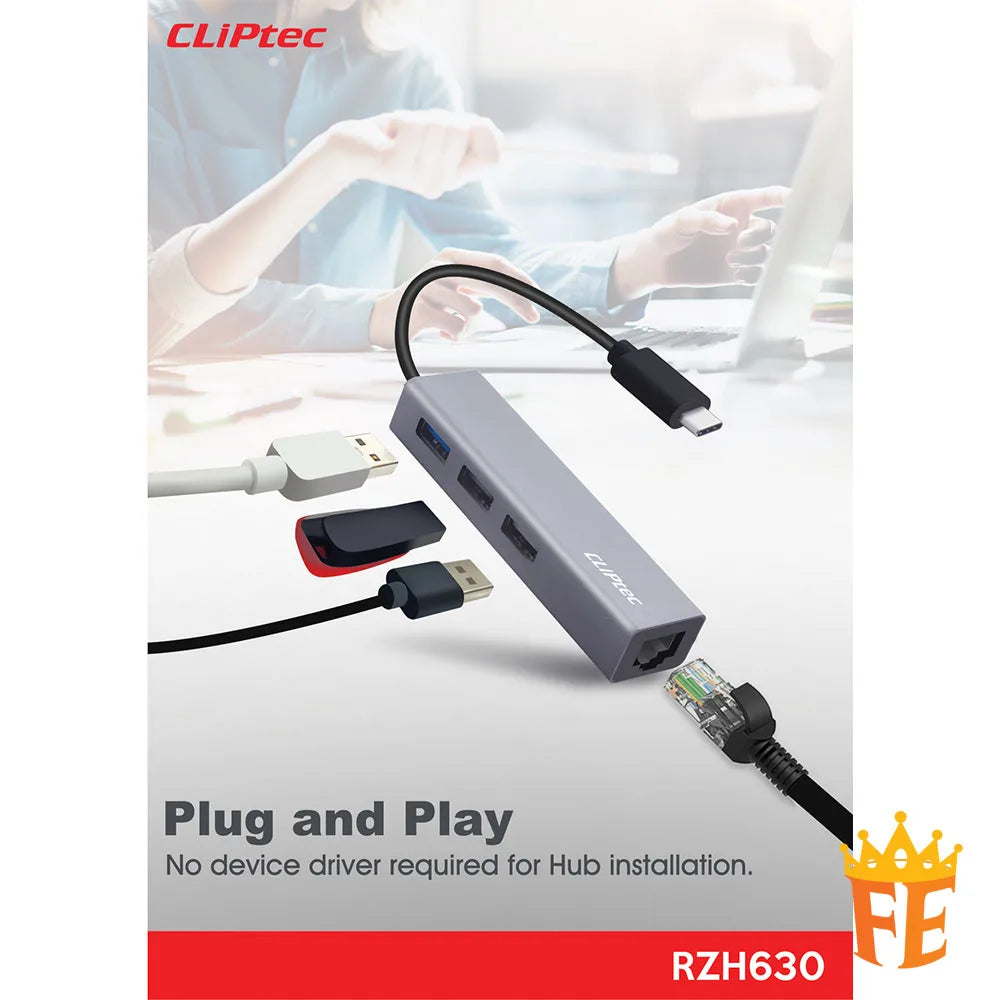 CLiPtec USB 3.1 Gen 1 + 2 Ports Hub with Ethernet Adaptor - ConLinx Grey RZH-630