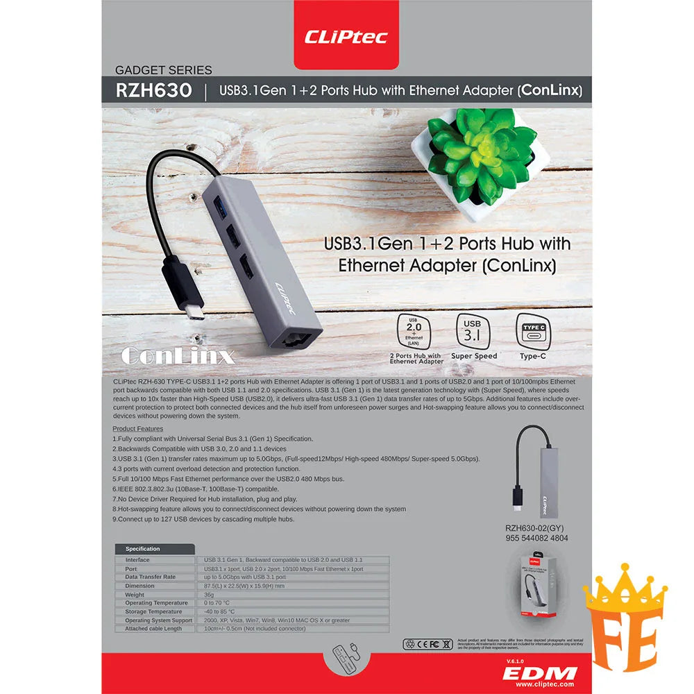 CLiPtec USB 3.1 Gen 1 + 2 Ports Hub with Ethernet Adaptor - ConLinx Grey RZH-630