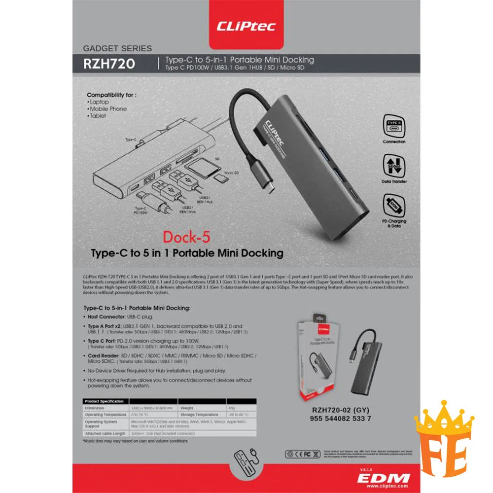 CLiPtec RZH720 Type-C to 5-in-1 Portable Mini Docking (Dock-5) Grey RZH-720