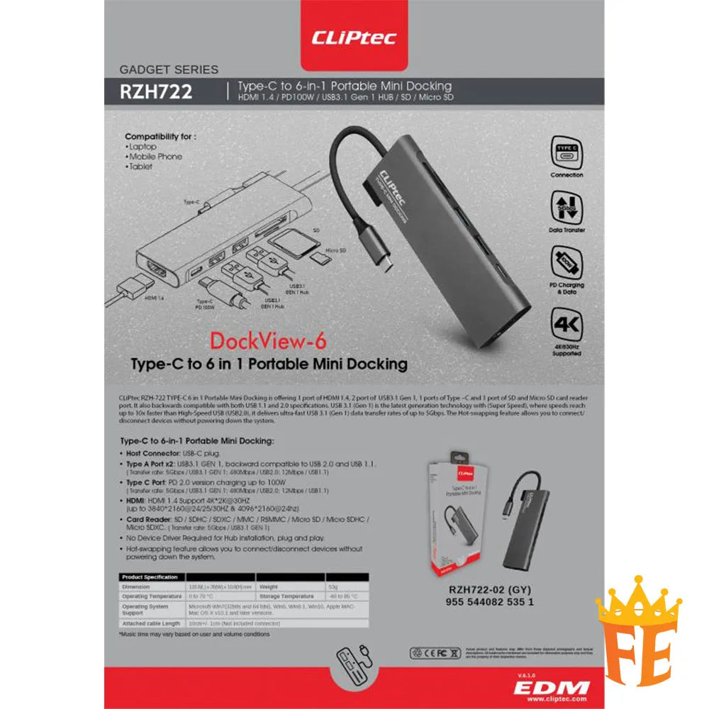 CLiPtec RZH722 Type-C to 6-in-1 Portable Mini Docking (DockView-6) Grey RZH-722