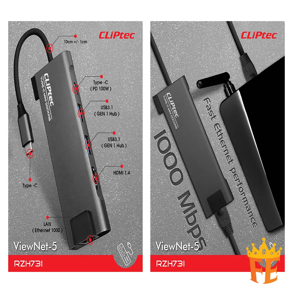 CLiPtec RZH731 Type-C to 5-in-1 Portable Mini Docking (ViewNet-5) Grey RZH-731