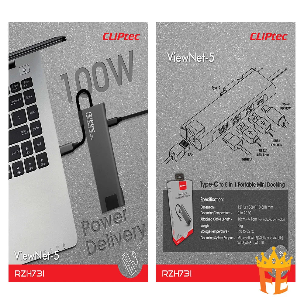 CLiPtec RZH731 Type-C to 5-in-1 Portable Mini Docking (ViewNet-5) Grey RZH-731