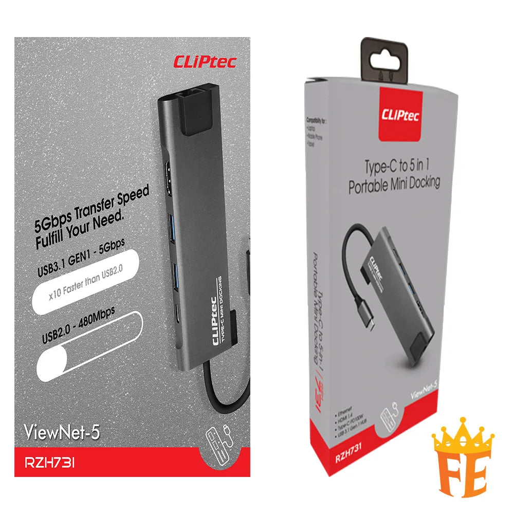 CLiPtec RZH731 Type-C to 5-in-1 Portable Mini Docking (ViewNet-5) Grey RZH-731