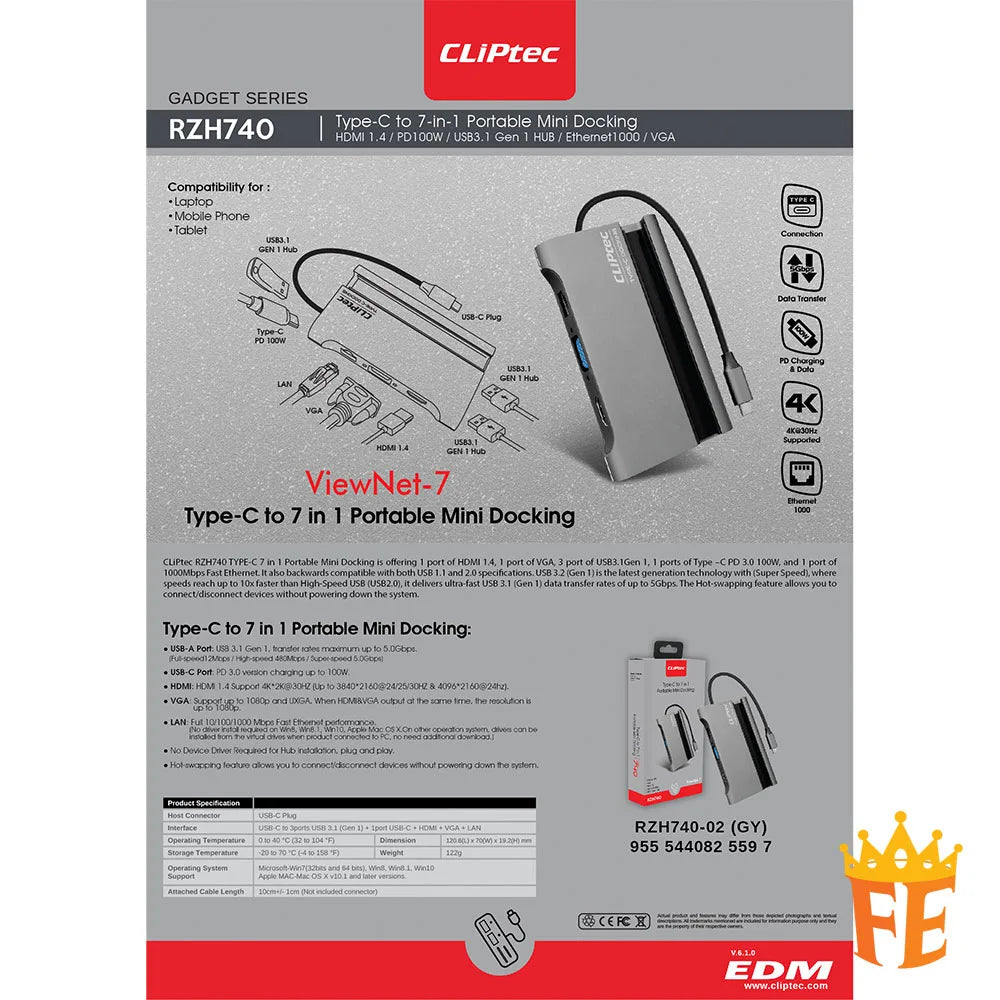 CLiPtec RZH740 TYPE-C 7 in 1 Portable Mini Docking (ViewNet-7) Grey RZH-740