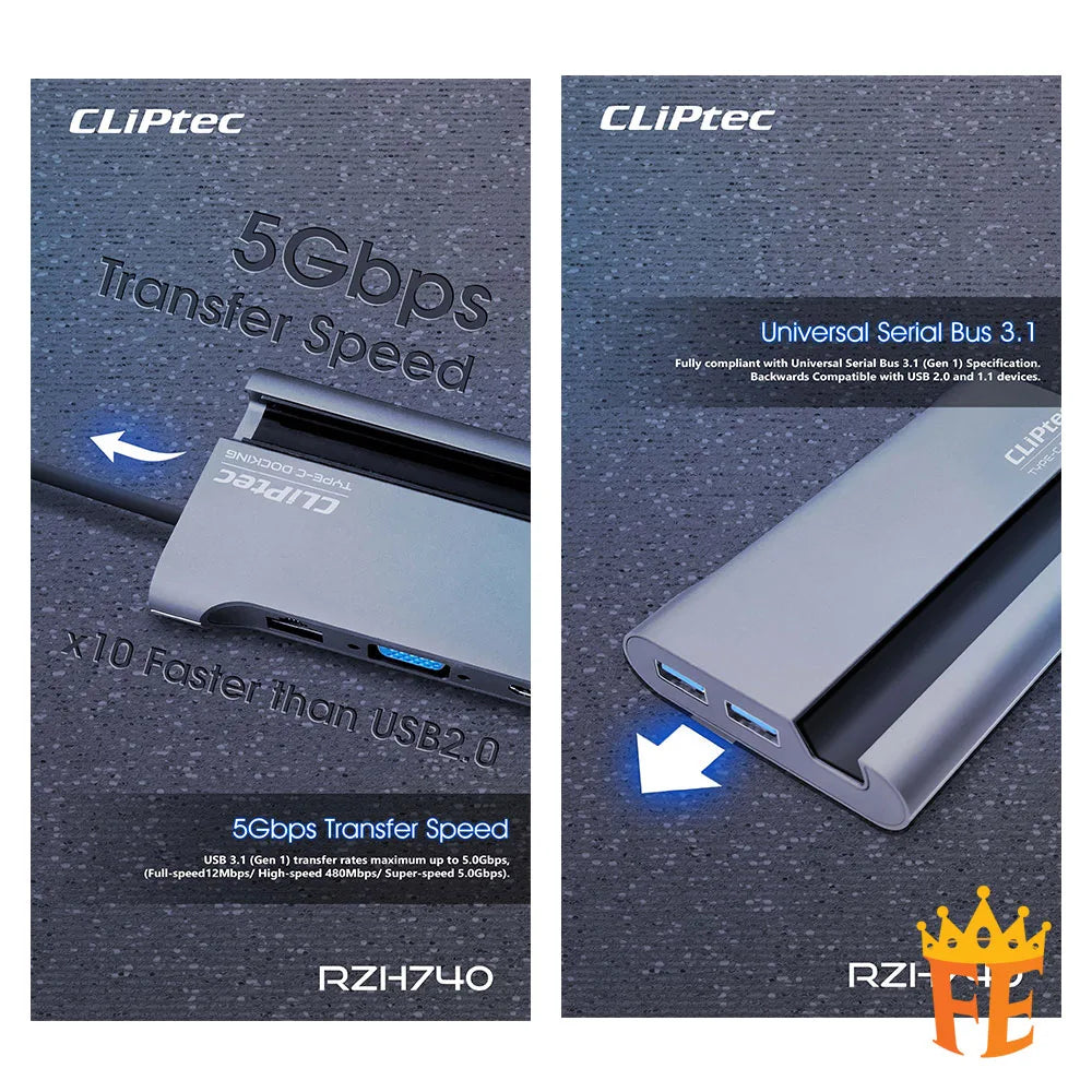 CLiPtec RZH740 TYPE-C 7 in 1 Portable Mini Docking (ViewNet-7) Grey RZH-740