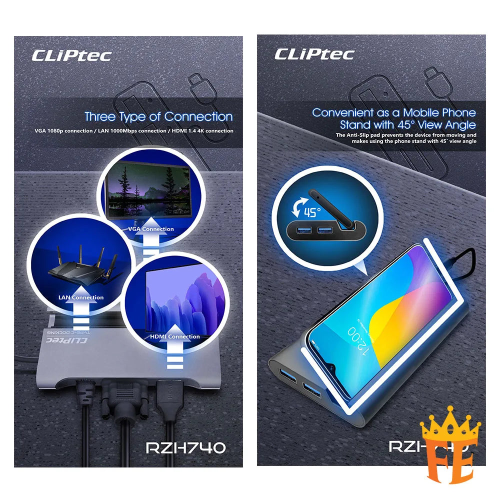 CLiPtec RZH740 TYPE-C 7 in 1 Portable Mini Docking (ViewNet-7) Grey RZH-740