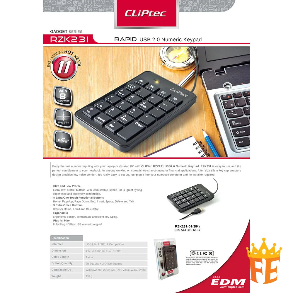 CLiPtec USB2.0 Numeric Keypad - Rapid Black RZK-231
