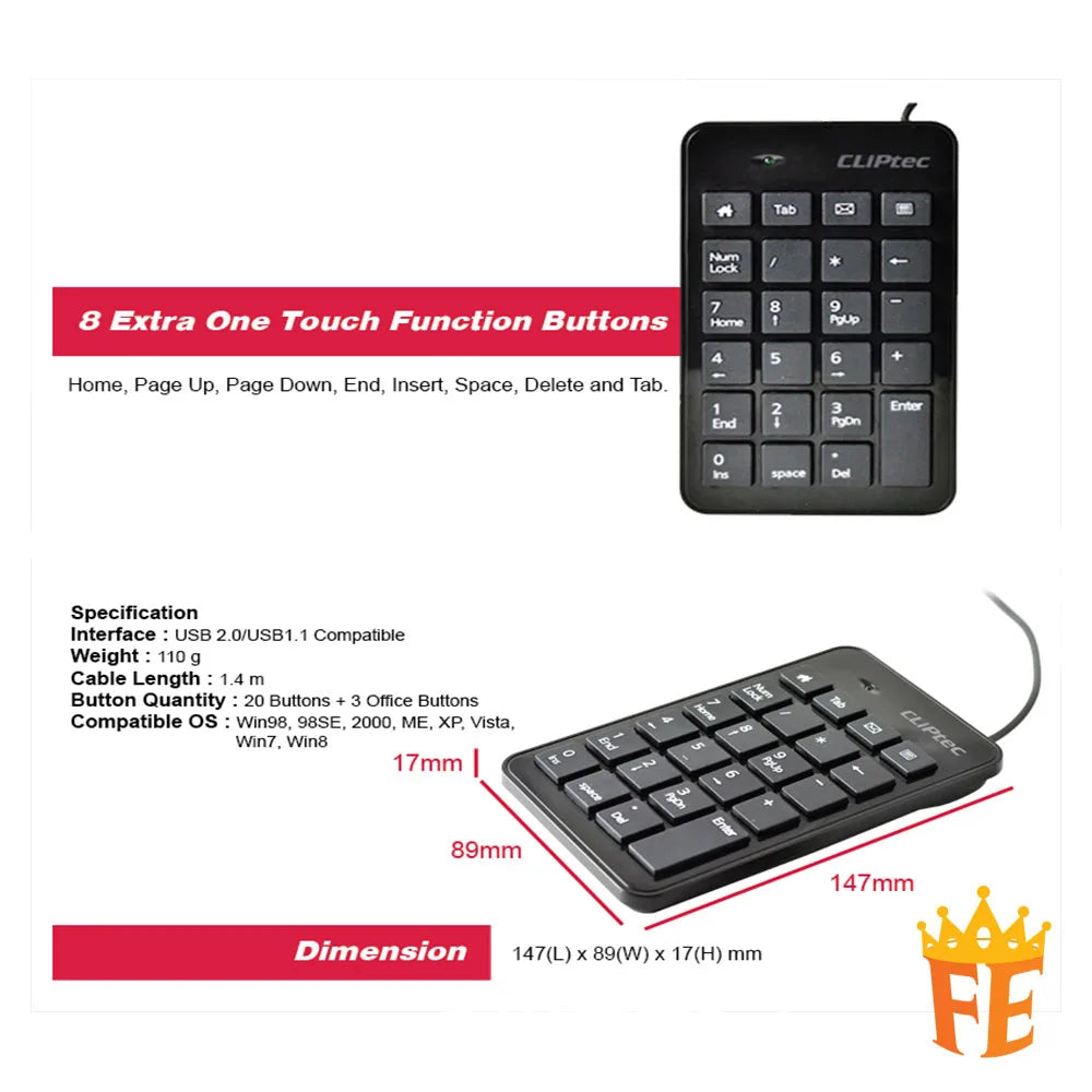 CLiPtec USB2.0 Numeric Keypad - Rapid Black RZK-231