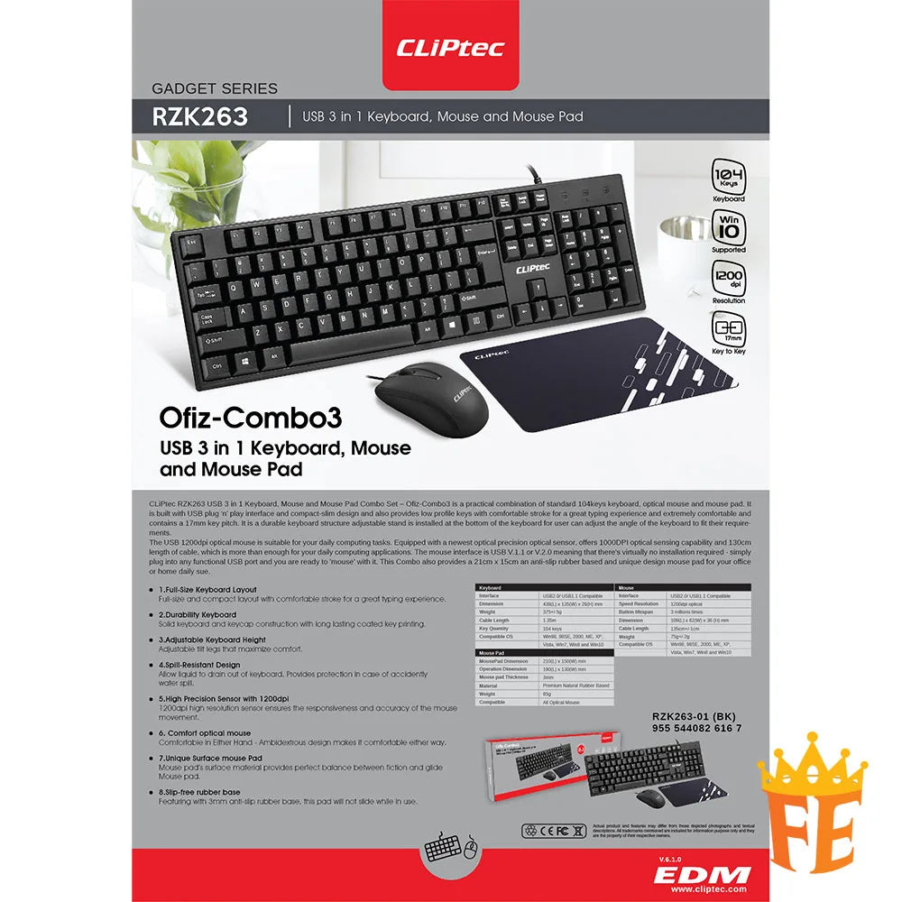 CLiPtec RZK263 USB 3 in 1 Keyboard, Mouse, & Mouse-Pad (Ofiz-Combo 3) Black RZK-263