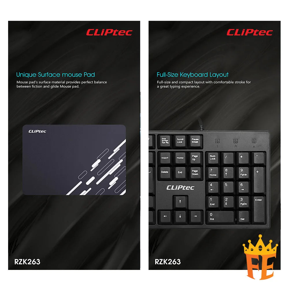 CLiPtec RZK263 USB 3 in 1 Keyboard, Mouse, & Mouse-Pad (Ofiz-Combo 3) Black RZK-263