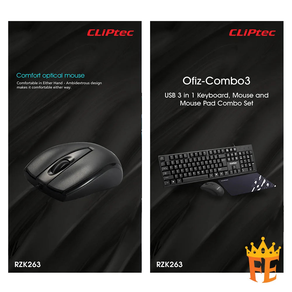 CLiPtec RZK263 USB 3 in 1 Keyboard, Mouse, & Mouse-Pad (Ofiz-Combo 3) Black RZK-263