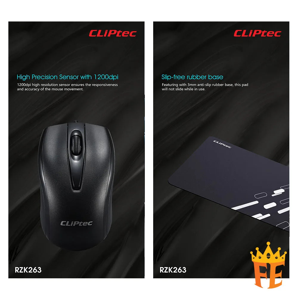 CLiPtec RZK263 USB 3 in 1 Keyboard, Mouse, & Mouse-Pad (Ofiz-Combo 3) Black RZK-263