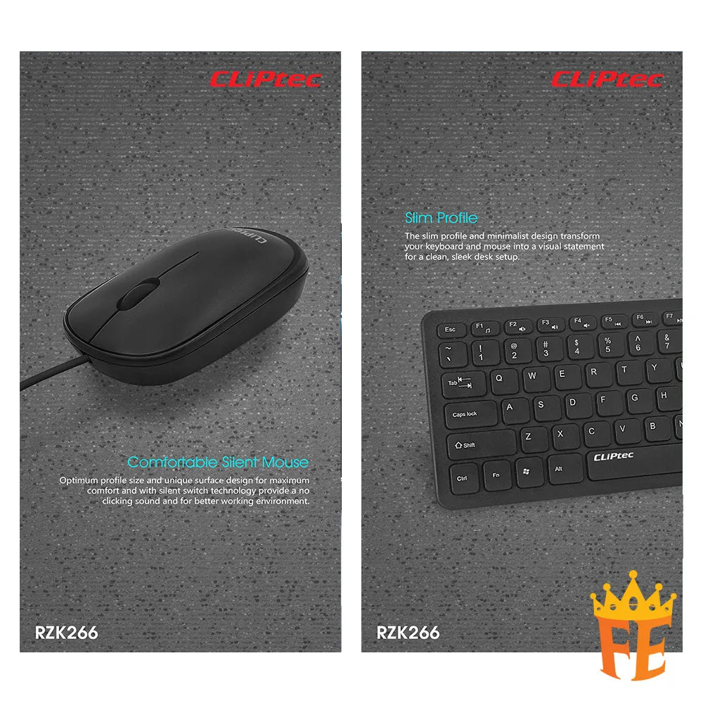 CLiPtec RZK266 USB Silent Multimedia Keyboard And Mouse Combo Set (Ofiz Xilent-Compact) Black RZK-266