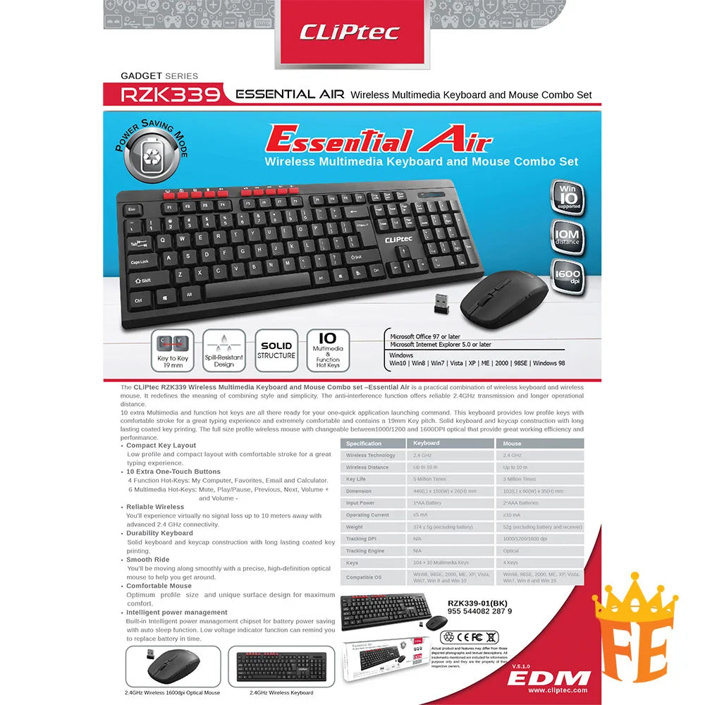 CLiPtec Wireless Multimedia Keyboard And Mouse Combo Set - Essential Air Black RZK-339