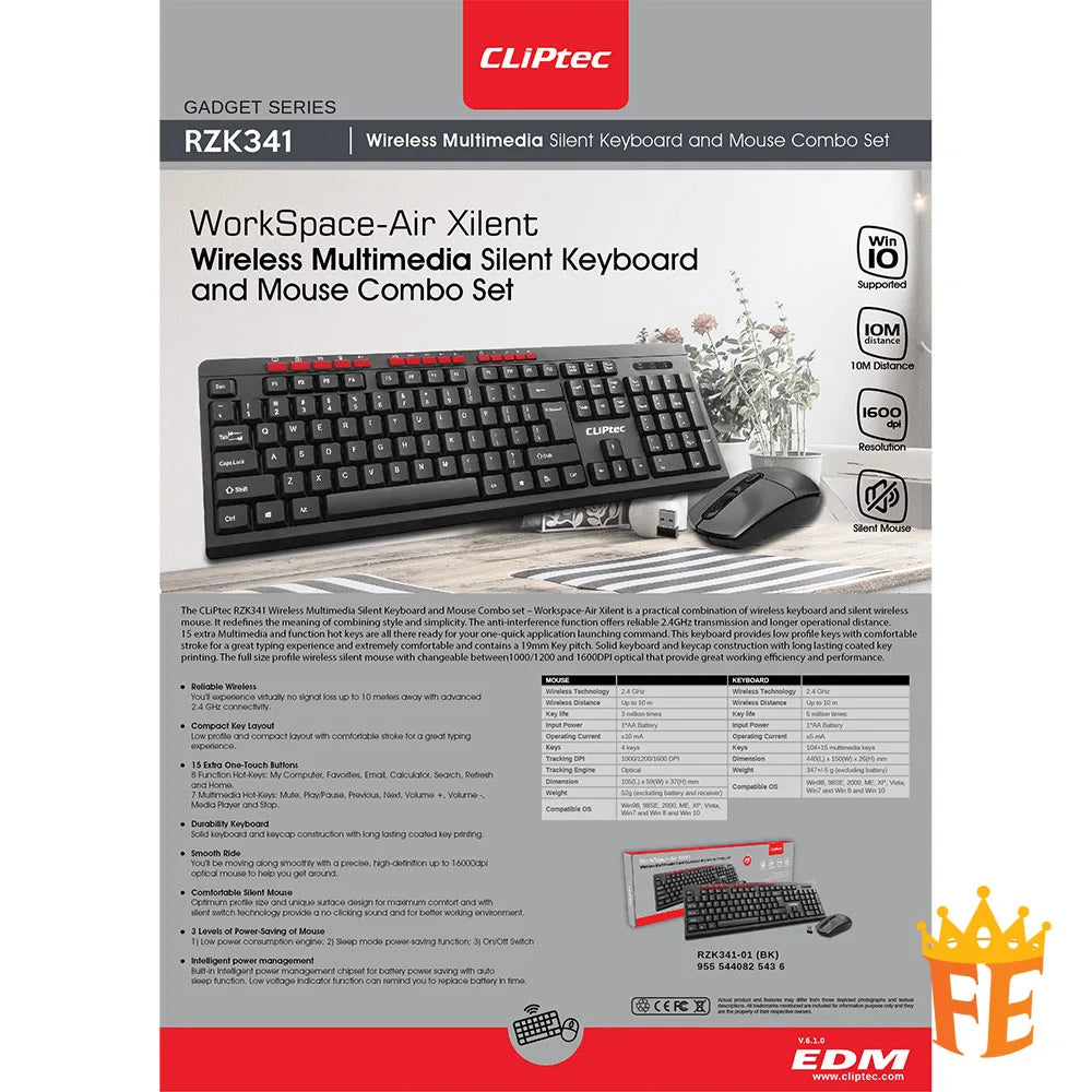 CLiPtec RZK341 Wireless Multimedia Silent Keyboard and Mouse Combo set -(Workplace-Air Xilent) Black RZK-341