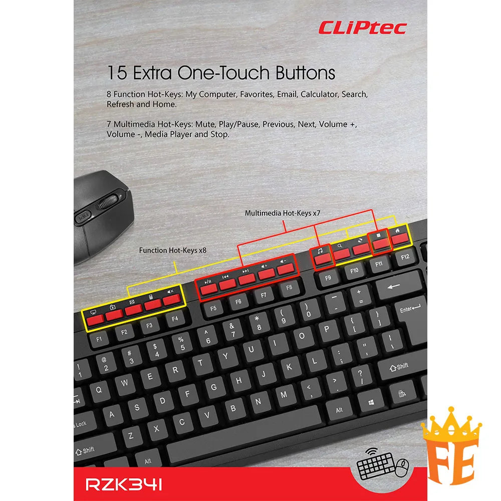 CLiPtec RZK341 Wireless Multimedia Silent Keyboard and Mouse Combo set -(Workplace-Air Xilent) Black RZK-341