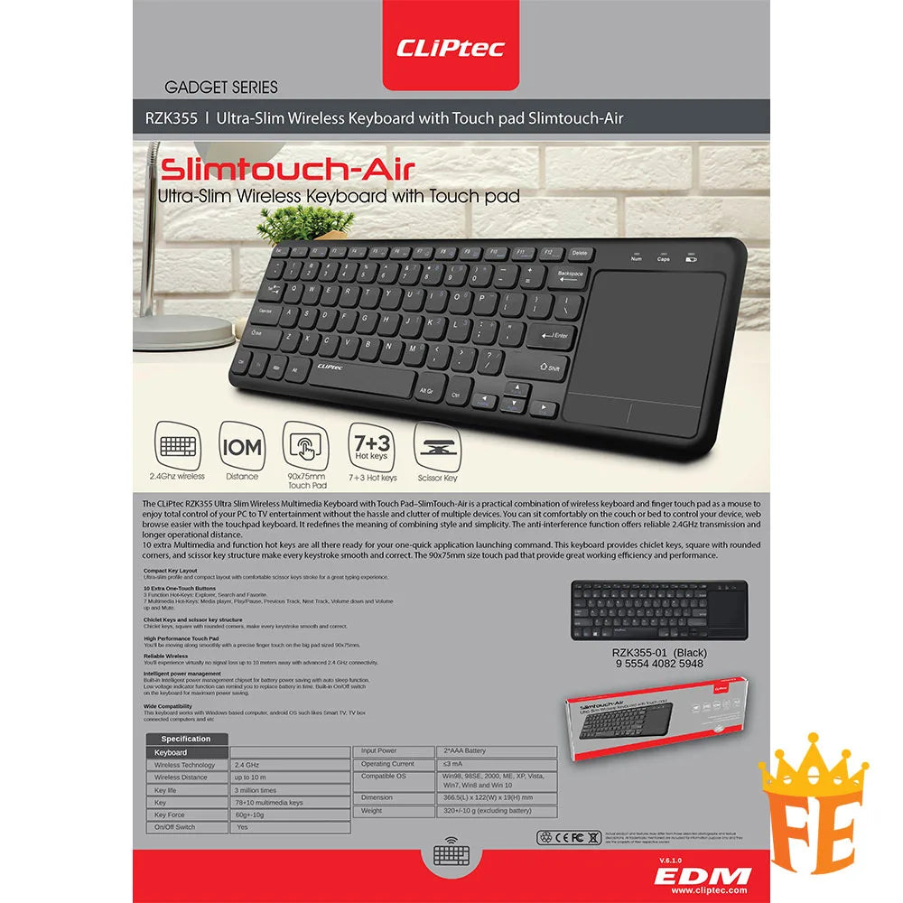 CLiPtec RZK355 Ultra- Slim WIreless Keyboard With Touchpad (Slimtouch-Air) Black RZK-355