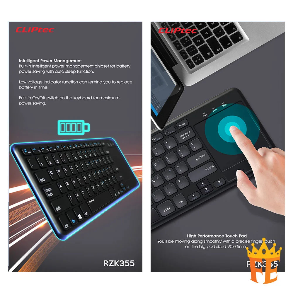 CLiPtec RZK355 Ultra- Slim WIreless Keyboard With Touchpad (Slimtouch-Air) Black RZK-355