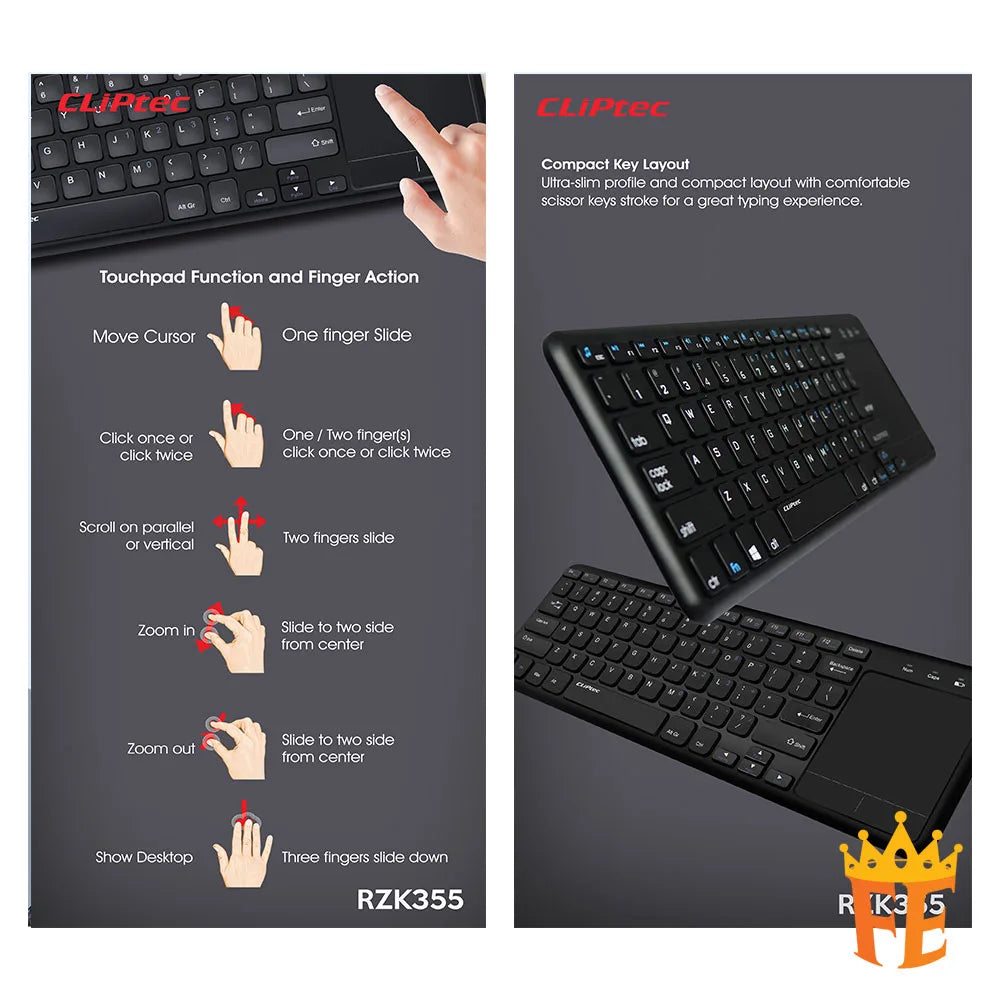 CLiPtec RZK355 Ultra- Slim WIreless Keyboard With Touchpad (Slimtouch-Air) Black RZK-355