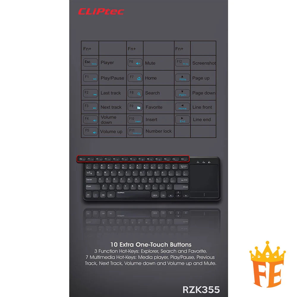 CLiPtec RZK355 Ultra- Slim WIreless Keyboard With Touchpad (Slimtouch-Air) Black RZK-355