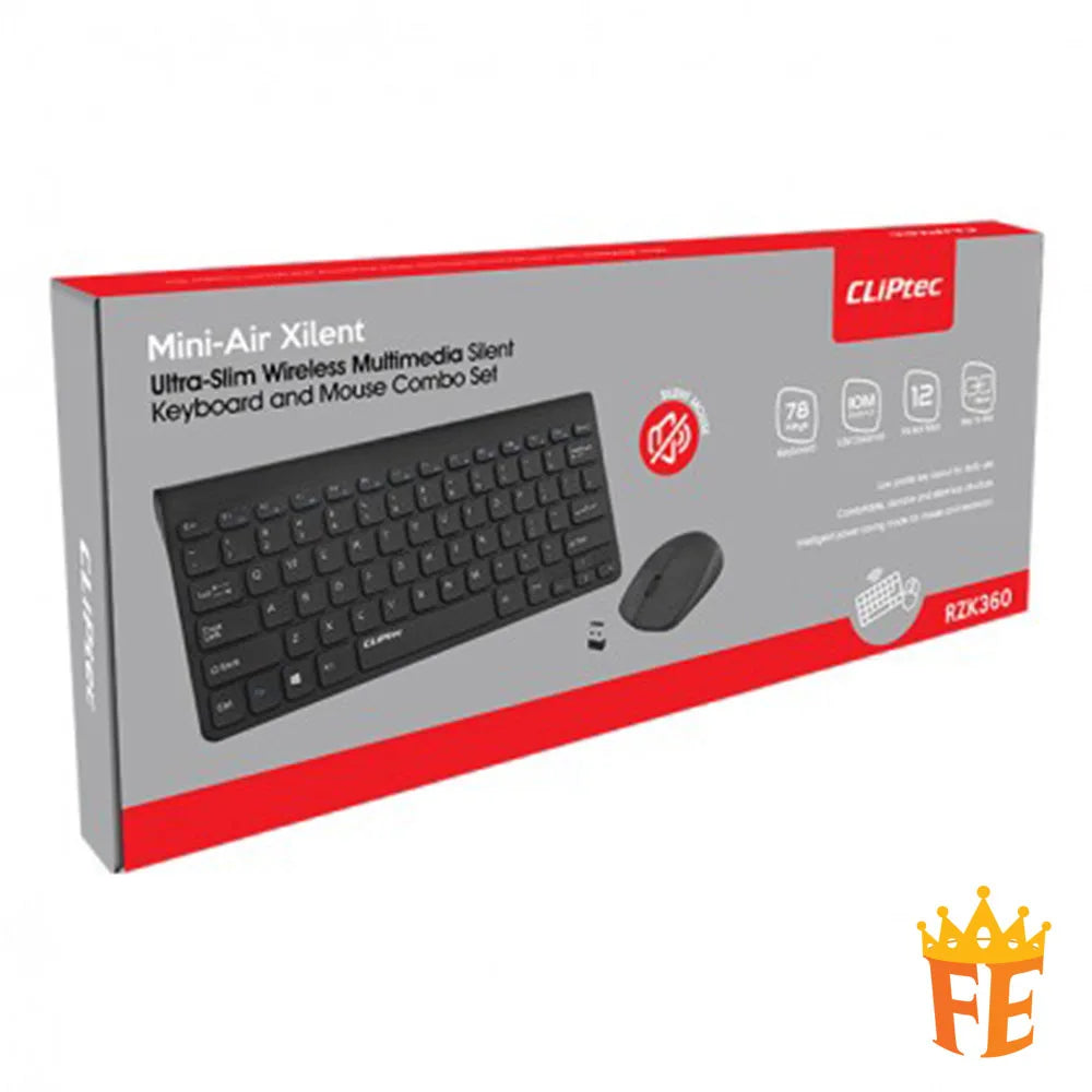 CLiPtec RZK360 Ultra-Slim Wireless Mini Silent Keyboard & Mouse Combo Set - (Mini-Air Xilent) Black RZK-360