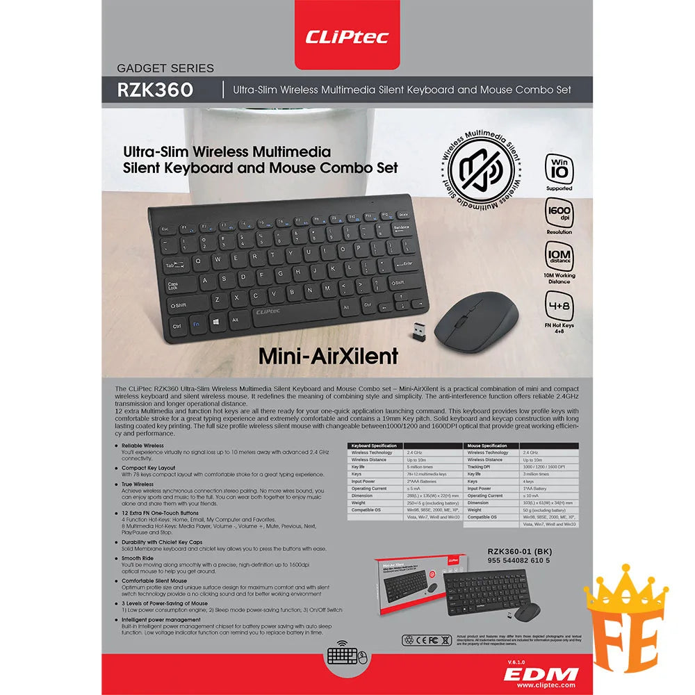 CLiPtec RZK360 Ultra-Slim Wireless Mini Silent Keyboard & Mouse Combo Set - (Mini-Air Xilent) Black RZK-360