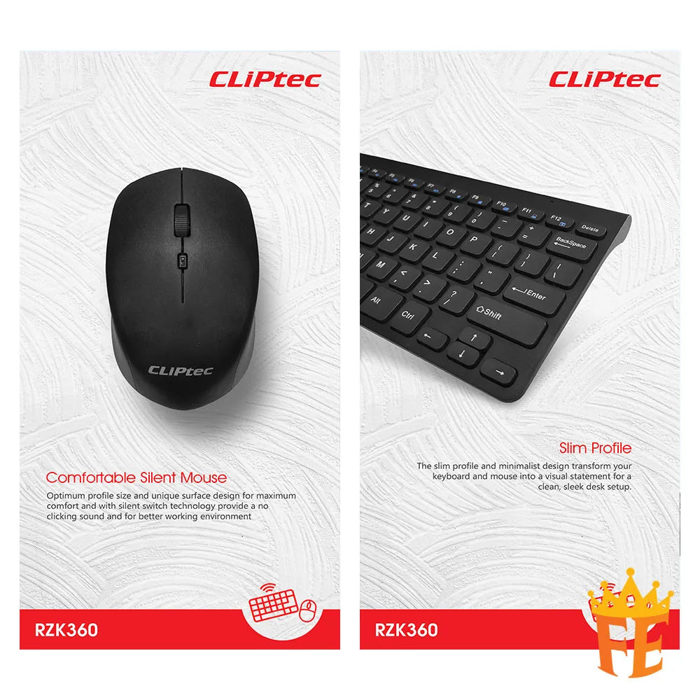 CLiPtec RZK360 Ultra-Slim Wireless Mini Silent Keyboard & Mouse Combo Set - (Mini-Air Xilent) Black RZK-360