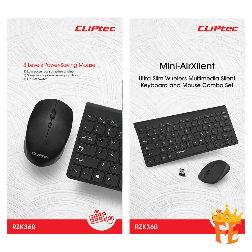 CLiPtec RZK360 Ultra-Slim Wireless Mini Silent Keyboard & Mouse Combo Set - (Mini-Air Xilent) Black RZK-360