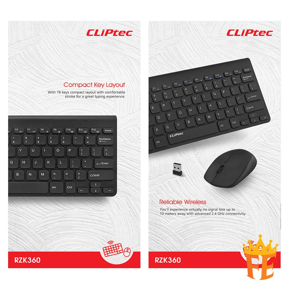 CLiPtec RZK360 Ultra-Slim Wireless Mini Silent Keyboard & Mouse Combo Set - (Mini-Air Xilent) Black RZK-360