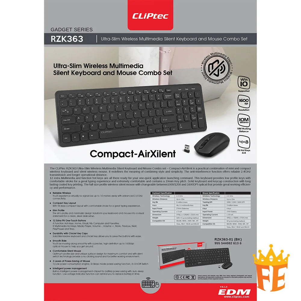 CLiPtec RZK363 Ultra-Slim Wireless Silent Keyboard & Mouse Combo (Compact-Air Xilent) Black RZK-363