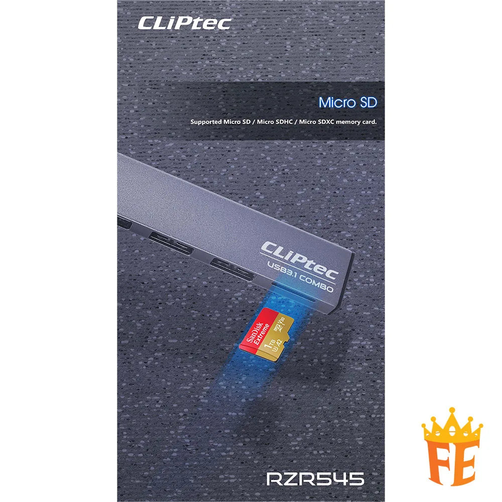 CLiPtec USB 3.1 3Ports Hub With Card Reader (Slim-Combo) Grey RZR-545