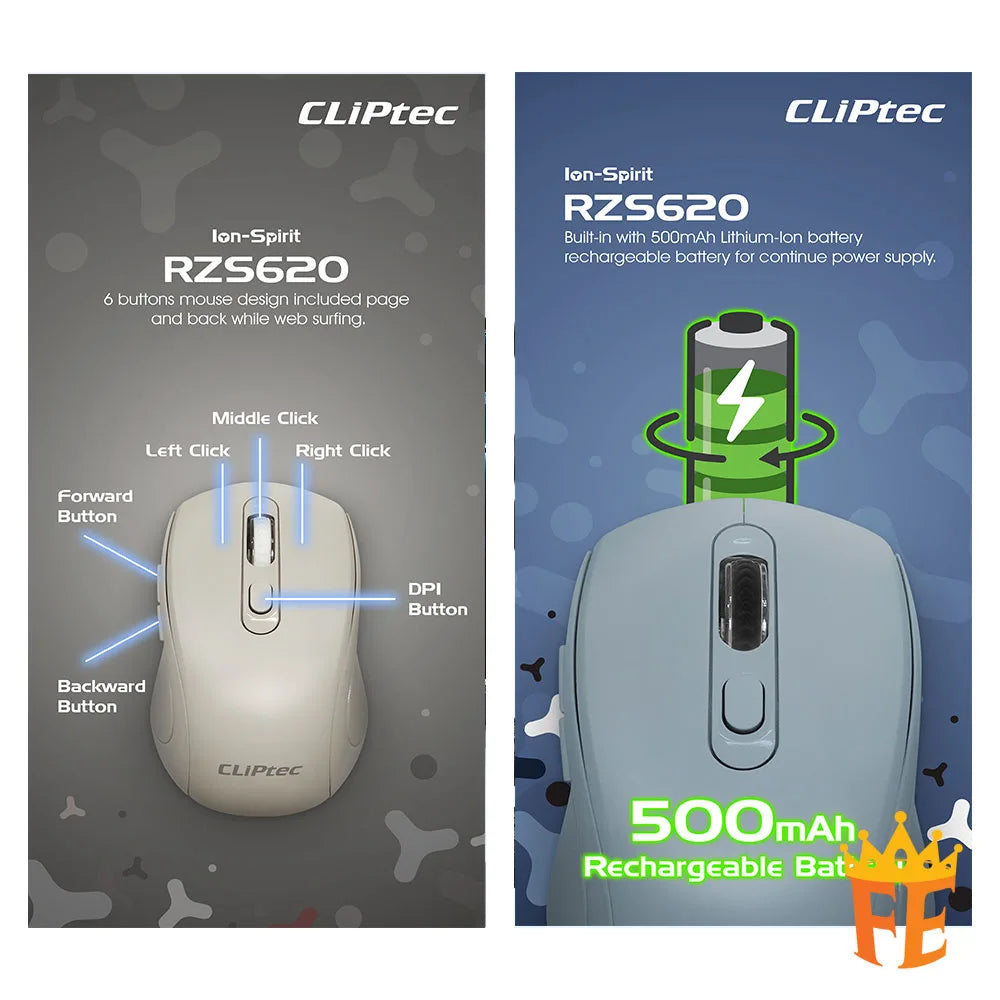 CLiPtec Rzs620 2.4Ghz 1600Dpi Rechargeable Wireless Mouse (Ion-Spirit) Rzs-620