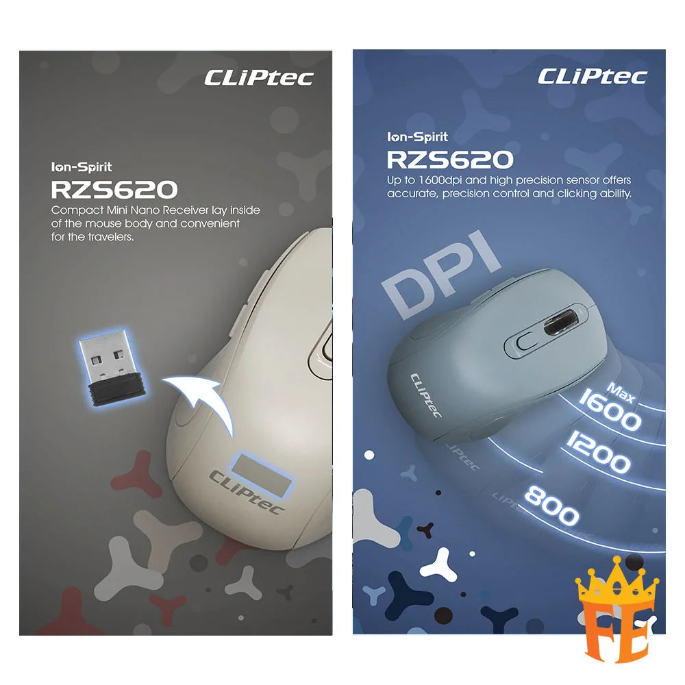 CLiPtec Rzs620 2.4Ghz 1600Dpi Rechargeable Wireless Mouse (Ion-Spirit) Rzs-620