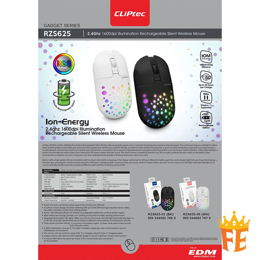 CLiPtec Rzs625 2.4Ghz 1600Dpi Illumination Rechargeable Silent Wireless Mouse (Ion-Energy) (Rgb-Led) Rzs-625