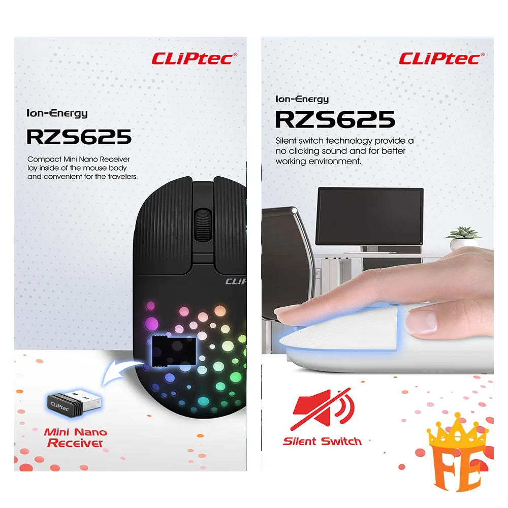 CLiPtec Rzs625 2.4Ghz 1600Dpi Illumination Rechargeable Silent Wireless Mouse (Ion-Energy) (Rgb-Led) Rzs-625