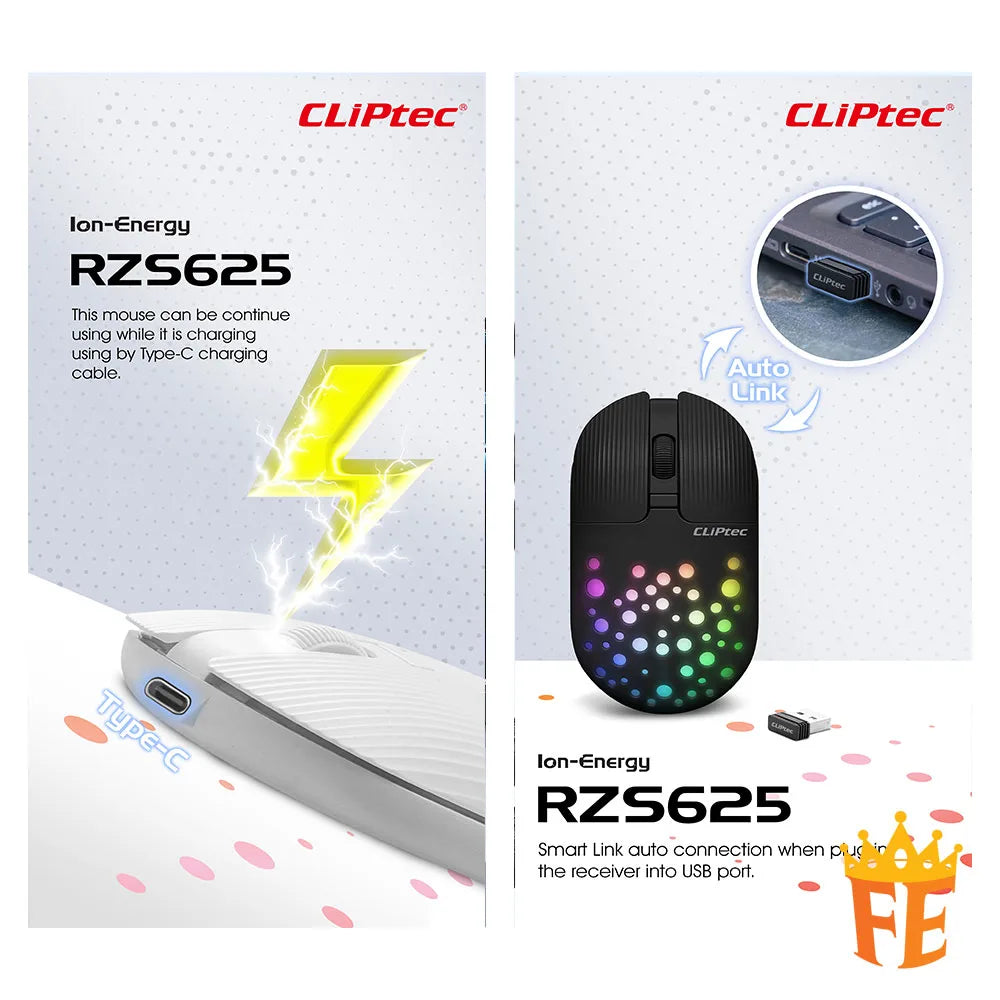 CLiPtec Rzs625 2.4Ghz 1600Dpi Illumination Rechargeable Silent Wireless Mouse (Ion-Energy) (Rgb-Led) Rzs-625