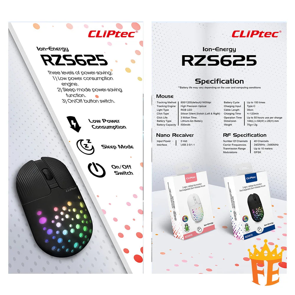 CLiPtec Rzs625 2.4Ghz 1600Dpi Illumination Rechargeable Silent Wireless Mouse (Ion-Energy) (Rgb-Led) Rzs-625