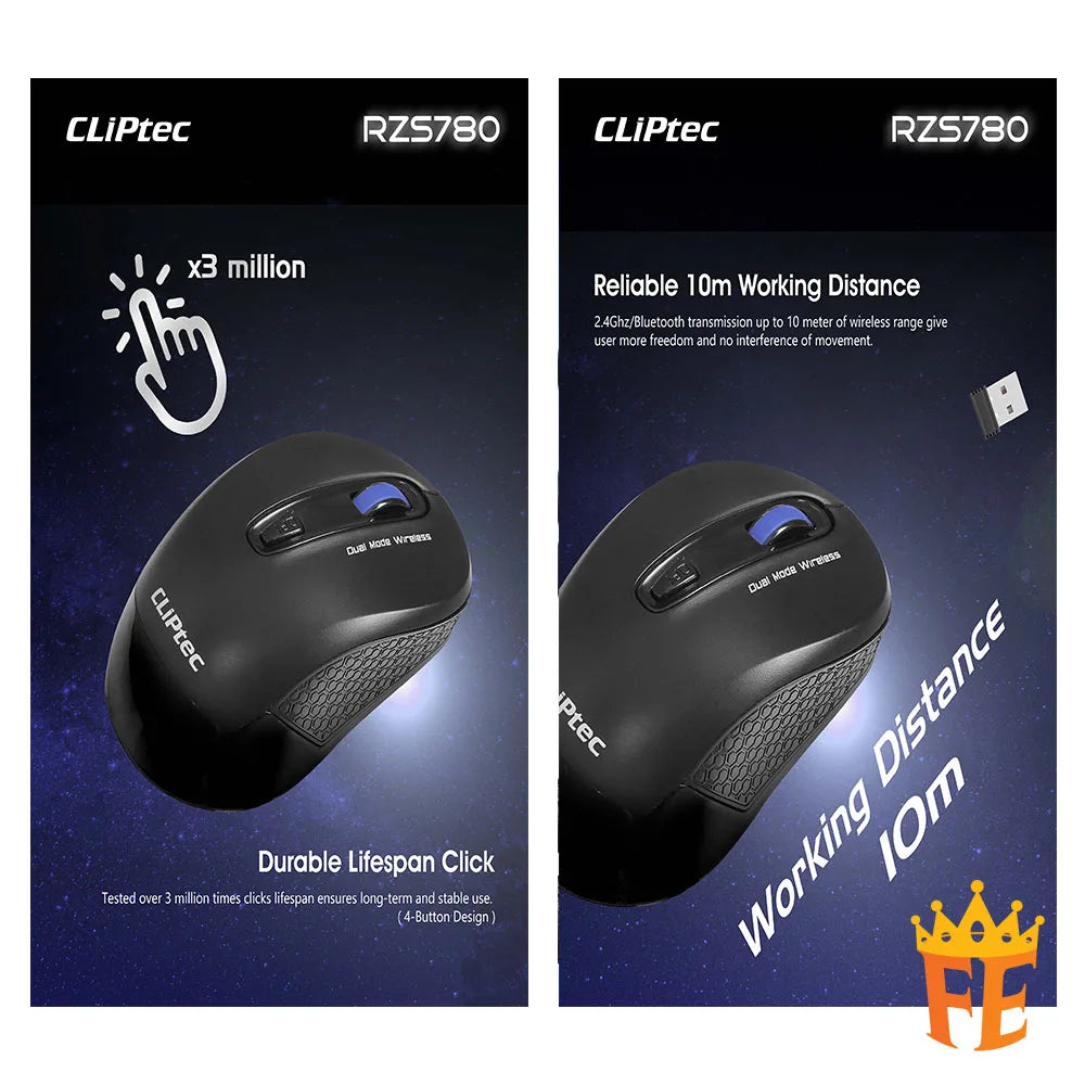 CLiPtec 2400 DPI Dual Mode Wireless Optical Mouse (Dual-Trax) Black RZS-780