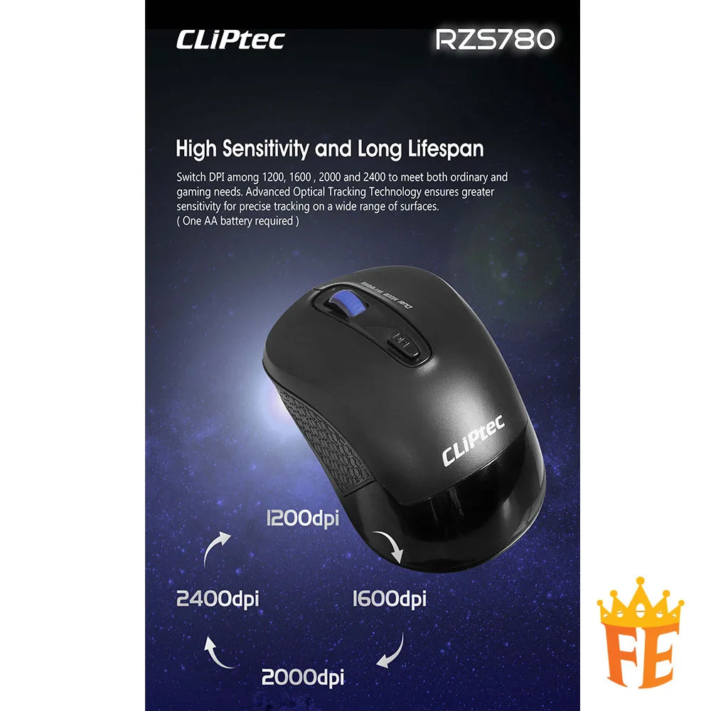 CLiPtec 2400 DPI Dual Mode Wireless Optical Mouse (Dual-Trax) Black RZS-780