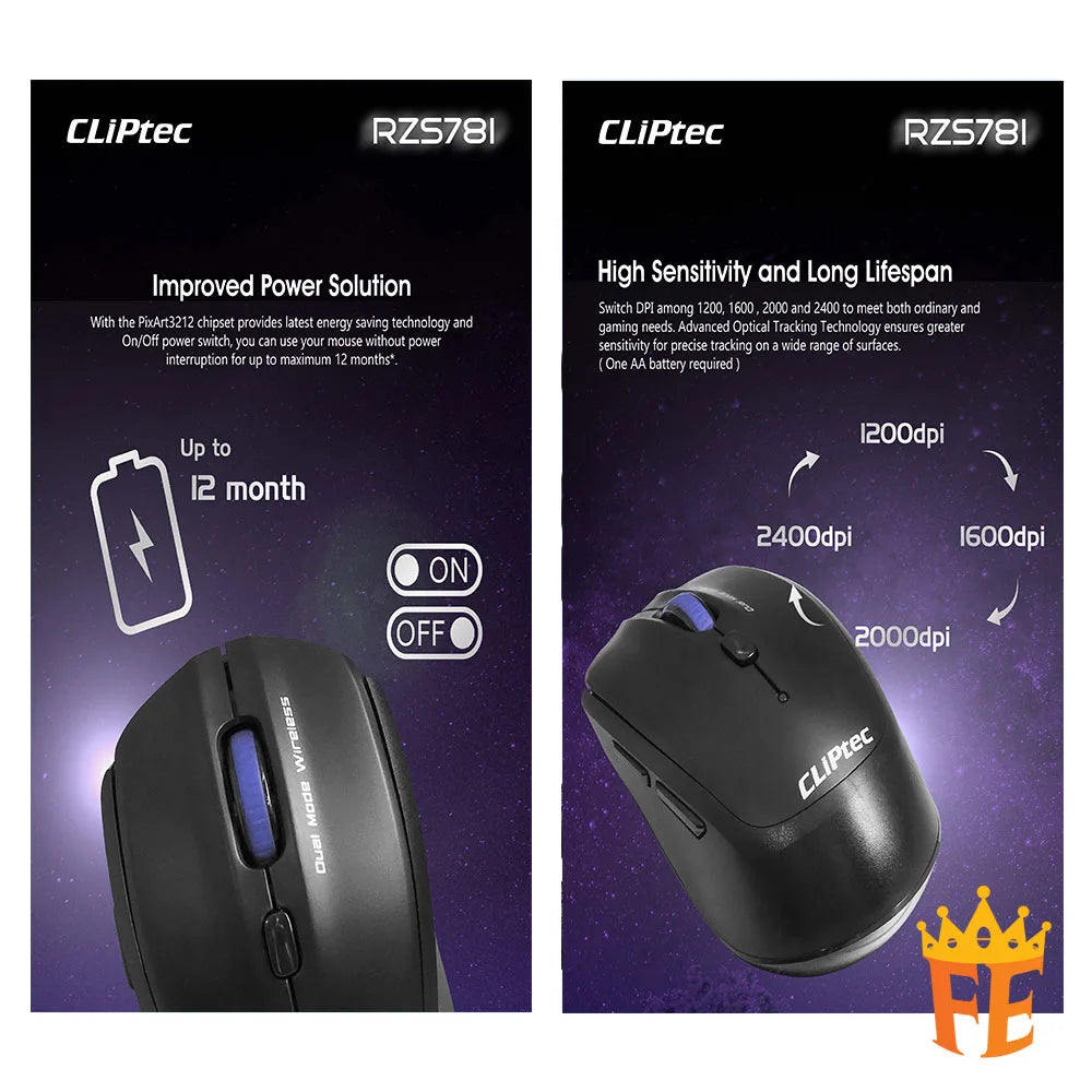 CLiPtec 2400 DPI Dual Mode Wireless Optical Mouse (Dual-Mox) Black RZS-781