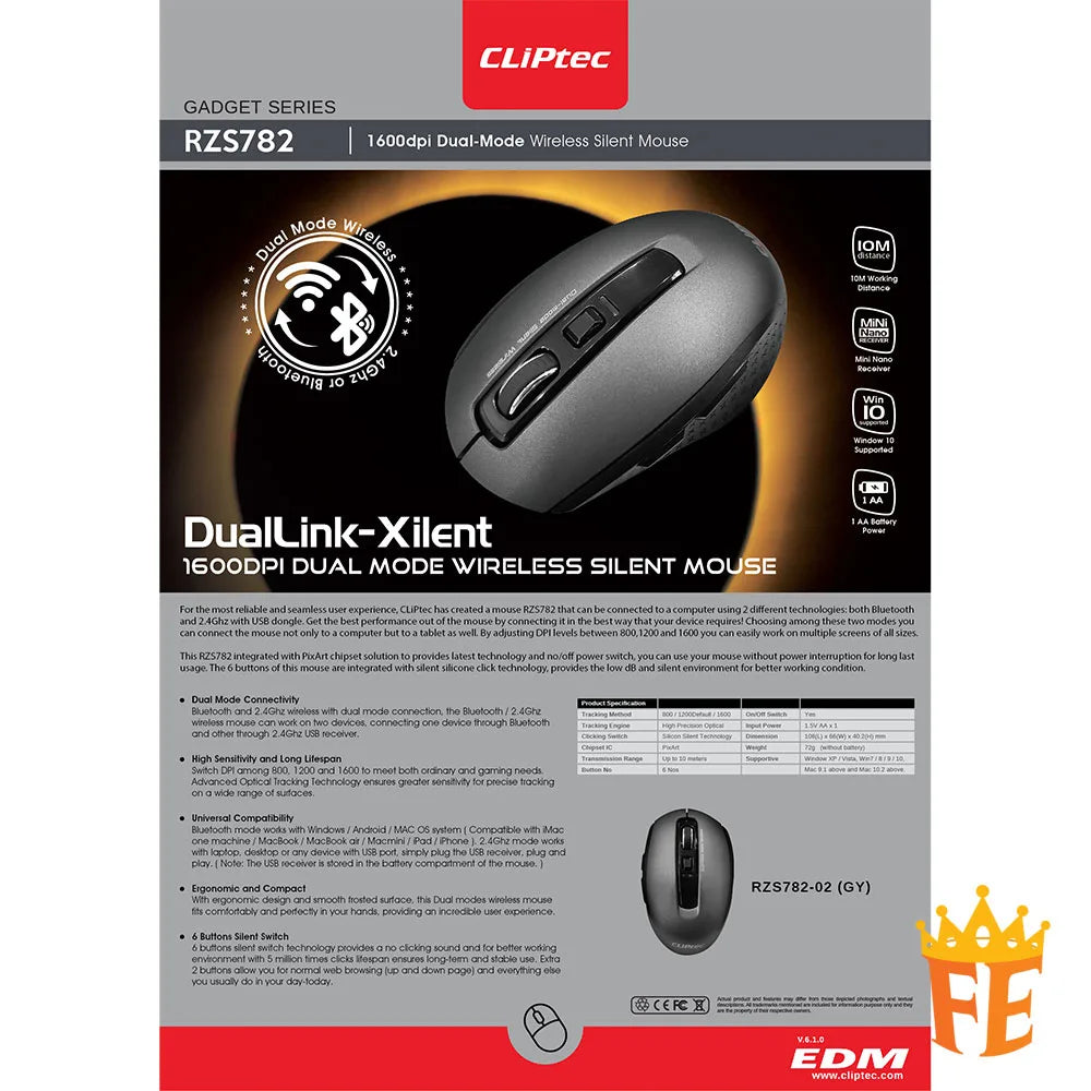 CLiPtec 1600dpi Dual Mode Silent Wireless Mouse (Dual Link-Xilent) Grey RZS-782