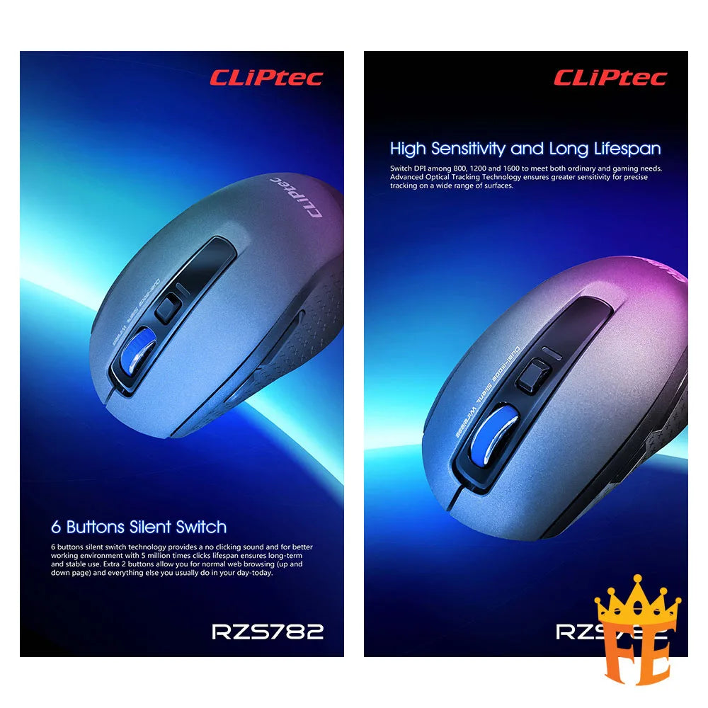 CLiPtec 1600dpi Dual Mode Silent Wireless Mouse (Dual Link-Xilent) Grey RZS-782