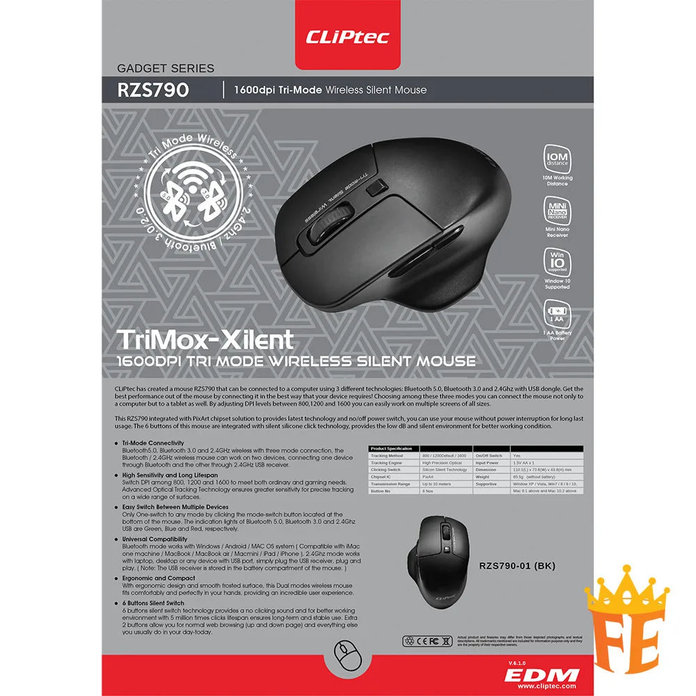 CLiPtec 1600dpi Tri-Mode Silent Wireless Mouse (TriMox-Xilent) Black RZS-790