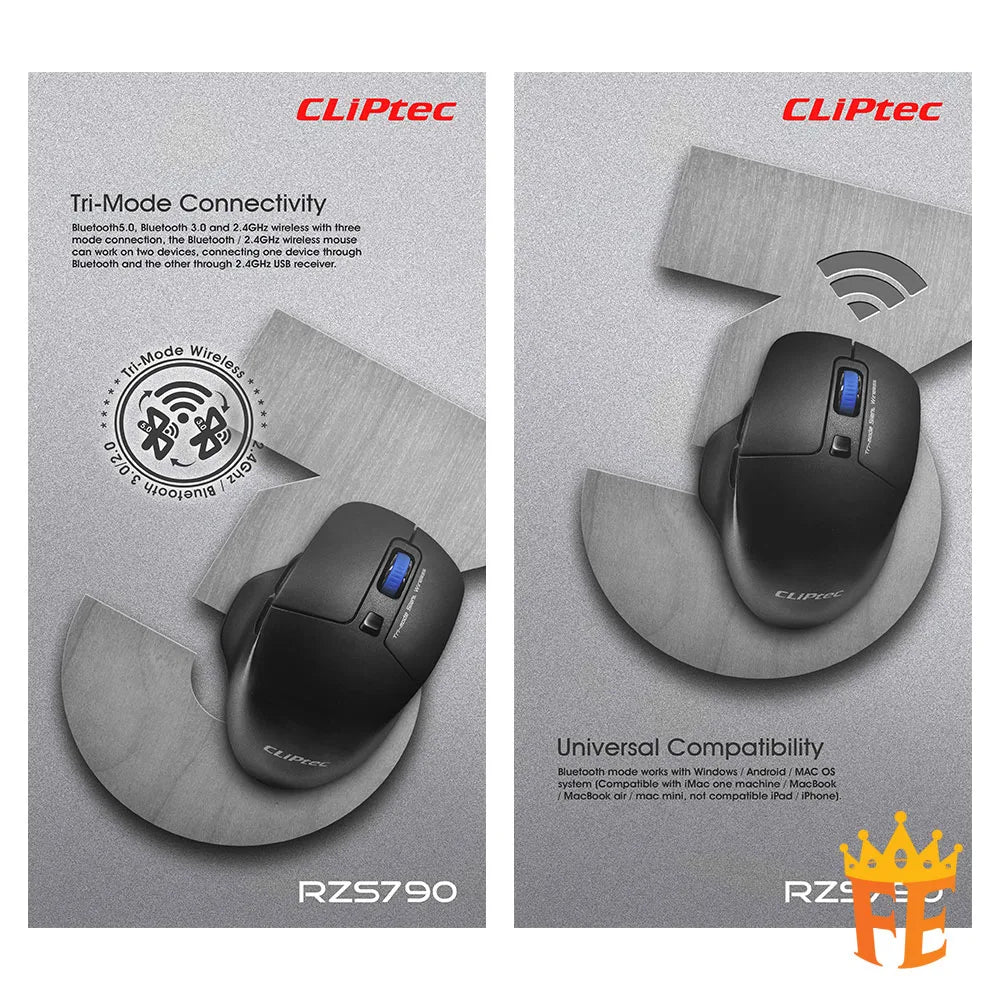 CLiPtec 1600dpi Tri-Mode Silent Wireless Mouse (TriMox-Xilent) Black RZS-790