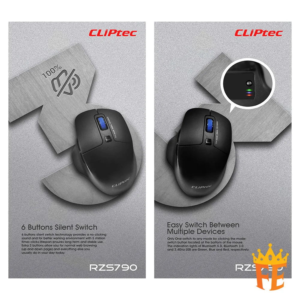 CLiPtec 1600dpi Tri-Mode Silent Wireless Mouse (TriMox-Xilent) Black RZS-790