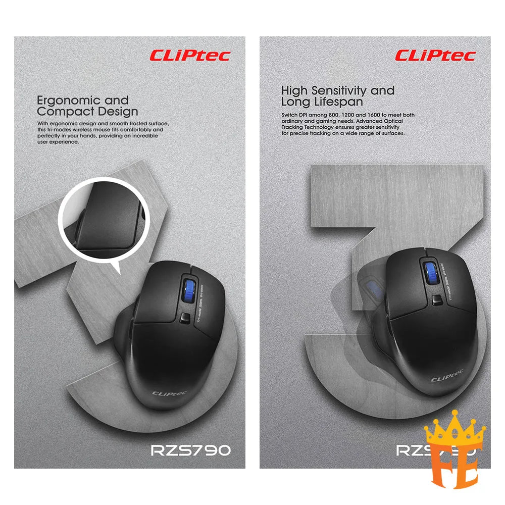 CLiPtec 1600dpi Tri-Mode Silent Wireless Mouse (TriMox-Xilent) Black RZS-790